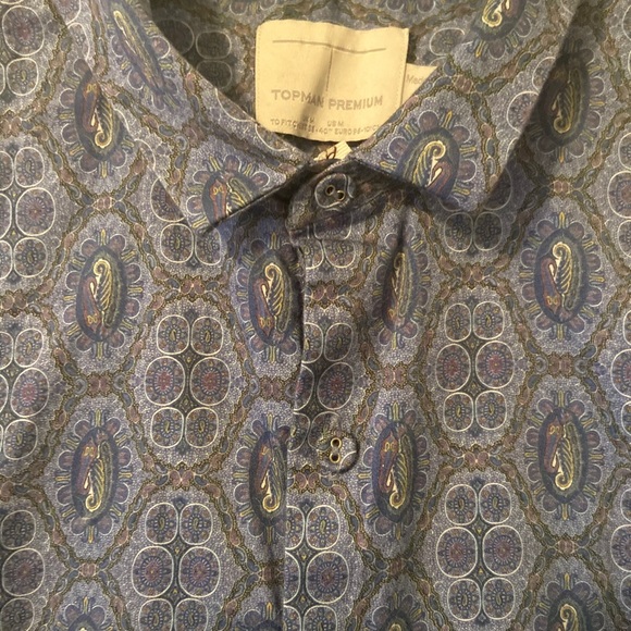 Topman Slim Fit Blue Paisley Pattern Button Down Shirt Short Sleeve - Picture 3 of 4
